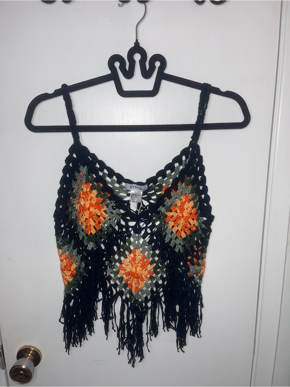 NWT Vivid Black Crochet Fringe Tank Top with Orange Floral Motif